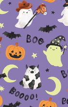 Load image into Gallery viewer, Costumed Ghosts Purple - 2 Way Zipper Ruffle Back Footie
