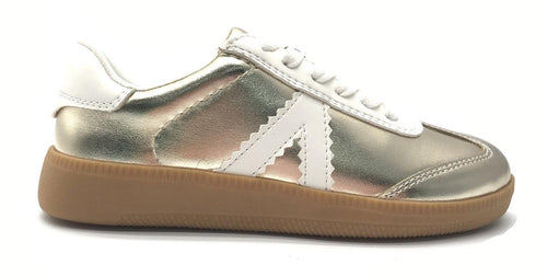 Step into style and comfort with the Little Baker Gold Sneaker from Mia Girl Shoes. Crafted with shimmering gold leather and a durable rubber sole, these sneakers combine lasting wear with a chic look. The delicate white scalloped trim adds a charming, feminine accent to a timeless tennis sneaker design, making them perfect for everyday adventures or special outings. Elevate your little one's wardrobe with this versatile and eye-catching sneaker.