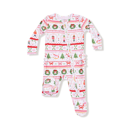 Celebrate the holidays in cozy style with the Infant Girls Sugar Plum Fairy - Nutcracker Fair Isle - Pink - 2 Way Zipper Ruffle Footie by Angel Dear. Featuring a timeless fair isle pattern with festive feminine pink Nutcracker and holiday motifs, this romper is perfect for creating picture-perfect sibling moments on Christmas morning. The convenient 2-way zipper makes dressing and diaper changes effortless, keeping little ones comfortable and festive all day long.