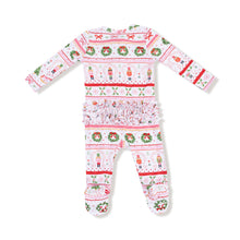 Load image into Gallery viewer, Celebrate the holidays in cozy style with the Infant Girls Sugar Plum Fairy - Nutcracker Fair Isle - Pink - 2 Way Zipper Ruffle Footie by Angel Dear. Featuring a timeless fair isle pattern with festive feminine pink Nutcracker and holiday motifs, this romper is perfect for creating picture-perfect sibling moments on Christmas morning. The convenient 2-way zipper makes dressing and diaper changes effortless, keeping little ones comfortable and festive all day long.
