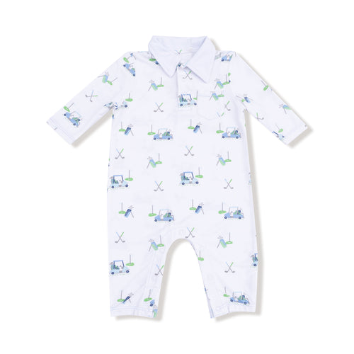 Dress your little one in comfort and style with the Baby Boy Golf Cart Polo Romper from Angel Dear. Made from soft, breathable 100% bamboo fabric, this long-sleeve romper keeps your baby cozy all day. The charming golf cart and things print adds a playful, classic touch that’s perfect for any occasion. Ideal for delicate infant skin, it combines adorable design with gentle care, making it a must-have wardrobe staple for your baby boy.