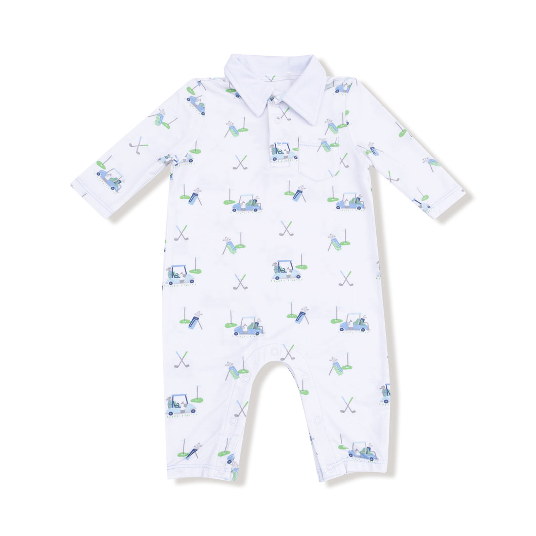 Dress your little one in comfort and style with the Baby Boy Golf Cart Polo Romper from Angel Dear. Made from soft, breathable 100% bamboo fabric, this long-sleeve romper keeps your baby cozy all day. The charming golf cart and things print adds a playful, classic touch that’s perfect for any occasion. Ideal for delicate infant skin, it combines adorable design with gentle care, making it a must-have wardrobe staple for your baby boy.