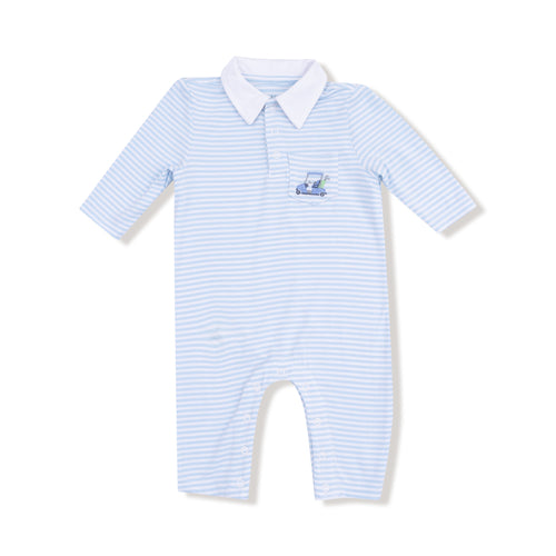 Dress your little one in the Baby Boy Striped Golf Cart Embroidered Polo Romper by Angel Dear, combining comfort and style effortlessly. Crafted from soft bamboo fabric, this blue and white striped romper offers breathable wear, while the classic white polo collar adds a polished touch. The charming embroidered golf cart detail on the front pocket enhances its smart, casual appeal—perfect for any young golf enthusiast ready to make a stylish statement.