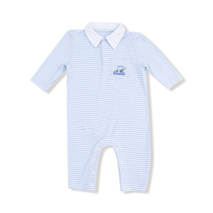 Dress your little one in the Baby Boy Striped Golf Cart Embroidered Polo Romper by Angel Dear, combining comfort and style effortlessly. Crafted from soft bamboo fabric, this blue and white striped romper offers breathable wear, while the classic white polo collar adds a polished touch. The charming embroidered golf cart detail on the front pocket enhances its smart, casual appeal—perfect for any young golf enthusiast ready to make a stylish statement.