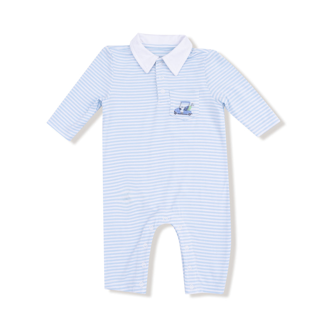 Dress your little one in the Baby Boy Striped Golf Cart Embroidered Polo Romper by Angel Dear, combining comfort and style effortlessly. Crafted from soft bamboo fabric, this blue and white striped romper offers breathable wear, while the classic white polo collar adds a polished touch. The charming embroidered golf cart detail on the front pocket enhances its smart, casual appeal—perfect for any young golf enthusiast ready to make a stylish statement.