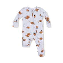 Load image into Gallery viewer, Keep your little one cozy and comfortable all night with the Footballs Playing Football 2 Way Zipper Footie by Angel Dear. Made from soft, stretchy bamboo fabric, this footie offers gentle flexibility for easy movement and restful sleep. The playful football print adds a fun, sporty touch that your child will love. Designed with a convenient two-way zipper, changing is quick and hassle-free.&nbsp;
