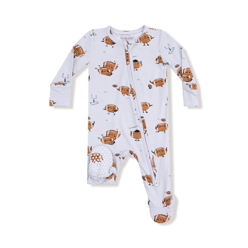 Keep your little one cozy and comfortable all night with the Footballs Playing Football 2 Way Zipper Footie by Angel Dear. Made from soft, stretchy bamboo fabric, this footie offers gentle flexibility for easy movement and restful sleep. The playful football print adds a fun, sporty touch that your child will love. Designed with a convenient two-way zipper, changing is quick and hassle-free. 