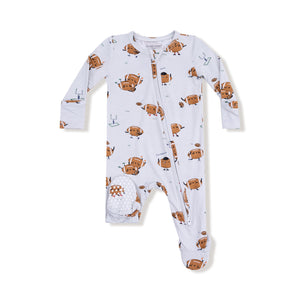 Keep your little one cozy and comfortable all night with the Footballs Playing Football 2 Way Zipper Footie by Angel Dear. Made from soft, stretchy bamboo fabric, this footie offers gentle flexibility for easy movement and restful sleep. The playful football print adds a fun, sporty touch that your child will love. Designed with a convenient two-way zipper, changing is quick and hassle-free.&nbsp;