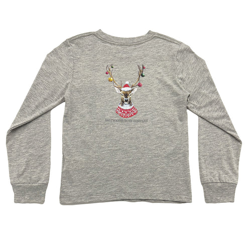 This Boys Christmas Ornament Deer Graphic Tee from Saltwater Boys combines comfort and style in a long-sleeve gray design perfect for toddlers to tweens. Crafted from soft knit fabric, it features a festive Christmas ornamented deer on the back along with a classic SWB logo and pocket on the front, making it an ideal choice for everyday wear this Holiday season!