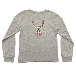 This Boys Christmas Ornament Deer Graphic Tee from Saltwater Boys combines comfort and style in a long-sleeve gray design perfect for toddlers to tweens. Crafted from soft knit fabric, it features a festive Christmas ornamented deer on the back along with a classic SWB logo and pocket on the front, making it an ideal choice for everyday wear this Holiday season!