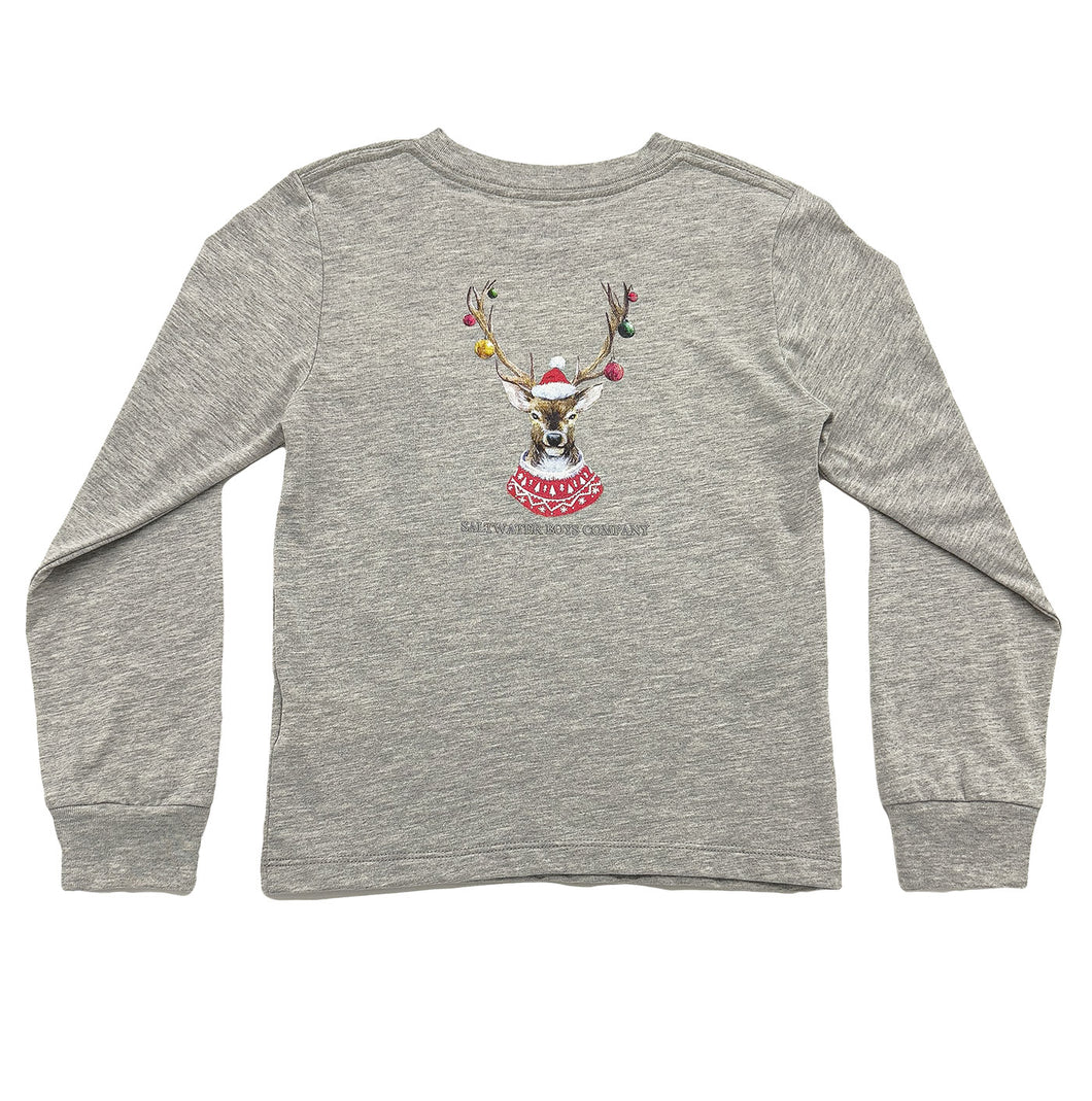 This Boys Christmas Ornament Deer Graphic Tee from Saltwater Boys combines comfort and style in a long-sleeve gray design perfect for toddlers to tweens. Crafted from soft knit fabric, it features a festive Christmas ornamented deer on the back along with a classic SWB logo and pocket on the front, making it an ideal choice for everyday wear this Holiday season!