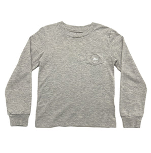 This Boys Christmas Ornament Deer Graphic Tee from Saltwater Boys combines comfort and style in a long-sleeve gray design perfect for toddlers to tweens. Crafted from soft knit fabric, it features a festive Christmas ornamented deer on the back along with a classic SWB logo and pocket on the front, making it an ideal choice for everyday wear this Holiday season!