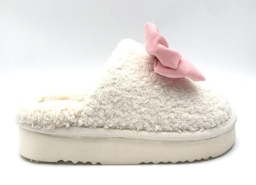 Girls Kinslee Bow Slipper from MIA Girls Shoes. Features a big pink bow and slide in style with white shearling look. 