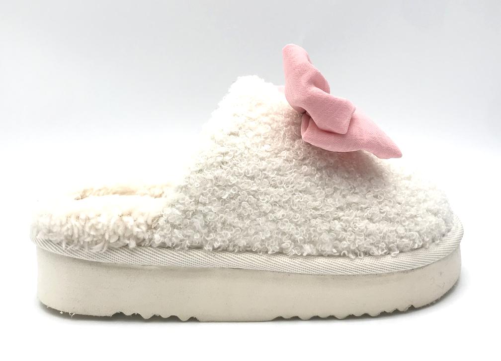 Girls Kinslee Bow Slipper from MIA Girls Shoes. Features a big pink bow and slide in style with white shearling look. 