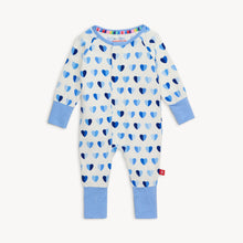 Load image into Gallery viewer, Blue XOXO Hearts Modal Convertible Coverall from Magnetic Me. Features bright blue hearts and the Magnetic Me&#39;s convenient magnet closures. A versatile footie that converts into a coverall, with features to extend the outfit&#39;s life.
