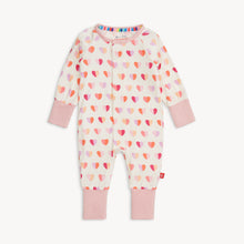Load image into Gallery viewer, Pink XOXO Hearts Modal Convertible Coverall from Magnetic Me. Features bright blue hearts and the Magnetic Me&#39;s convenient magnet closures.&nbsp;A versatile footie that converts into a coverall, with features to extend the outfit&#39;s life.
