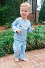Load image into Gallery viewer, Boys Bayou Plat Set with Farm Embroidery brings timeless comfort and playful style together. The lightweight sweatshirt features crisp mini stripes in blue and white, accented with charming embroidered farm animals across the front. Paired with matching jogger-style pants, this set strikes the perfect balance between cozy and put-together—ideal for everyday wear, playdates, or casual outings.
