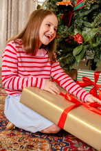Load image into Gallery viewer, The Reece Ruffle Sweater in Richmond Red and Pier Party Pink Stripe brings effortless elegance to her wardrobe. This charming sweater features delicate ruffled details that elevate any look, from holiday gatherings to Valentine's Day celebrations. Crafted for comfort, she'll reach for it again and again.&nbsp;
