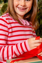 Load image into Gallery viewer, The Reece Ruffle Sweater in Richmond Red and Pier Party Pink Stripe brings effortless elegance to her wardrobe. This charming sweater features delicate ruffled details that elevate any look, from holiday gatherings to Valentine's Day celebrations. Crafted for comfort, she'll reach for it again and again.&nbsp;

