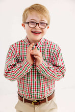 Load image into Gallery viewer, Elevate holiday moments with this timeless dress shirt, featuring a classic gingham print in rich Richmond red and Kiawah Kelly green. The structured button-down silhouette works beautifully for family photos, school events, and festive dinners. A versatile wardrobe essential that transitions seamlessly from celebrations to everyday occasions.
