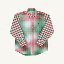 Load image into Gallery viewer, Elevate holiday moments with this timeless dress shirt, featuring a classic gingham print in rich Richmond red and Kiawah Kelly green. The structured button-down silhouette works beautifully for family photos, school events, and festive dinners. A versatile wardrobe essential that transitions seamlessly from celebrations to everyday occasions.
