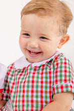 Load image into Gallery viewer, Classic gingham bubble with timeless holiday charm. This infant boy's style features a crisp white peter pan piped collar and delicate side smocking—refined details perfect for Christmas photos and festive celebrations. A wardrobe essential that transitions beautifully from holiday gatherings to special occasions.
