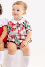Load image into Gallery viewer, Classic gingham bubble with timeless holiday charm. This infant boy's style features a crisp white peter pan piped collar and delicate side smocking—refined details perfect for Christmas photos and festive celebrations. A wardrobe essential that transitions beautifully from holiday gatherings to special occasions.
