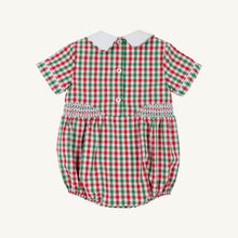 Load image into Gallery viewer, Classic gingham bubble with timeless holiday charm. This infant boy's style features a crisp white peter pan piped collar and delicate side smocking—refined details perfect for Christmas photos and festive celebrations. A wardrobe essential that transitions beautifully from holiday gatherings to special occasions.
