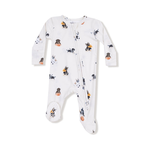 Make bedtime enjoyable and snug with Angel Dear’s Infant Boy's Sporty Puppies 2 Way Zipper Footie. Made from soft, breathable bamboo fabric, this pajama wraps your little one in gentle comfort for restful sleep. Featuring playful puppies engaged in sports, it’s ideal for young dog enthusiasts ready to dream big. The convenient 2-way zipper ensures quick and easy diaper changes, turning every night’s routine into a winning moment.