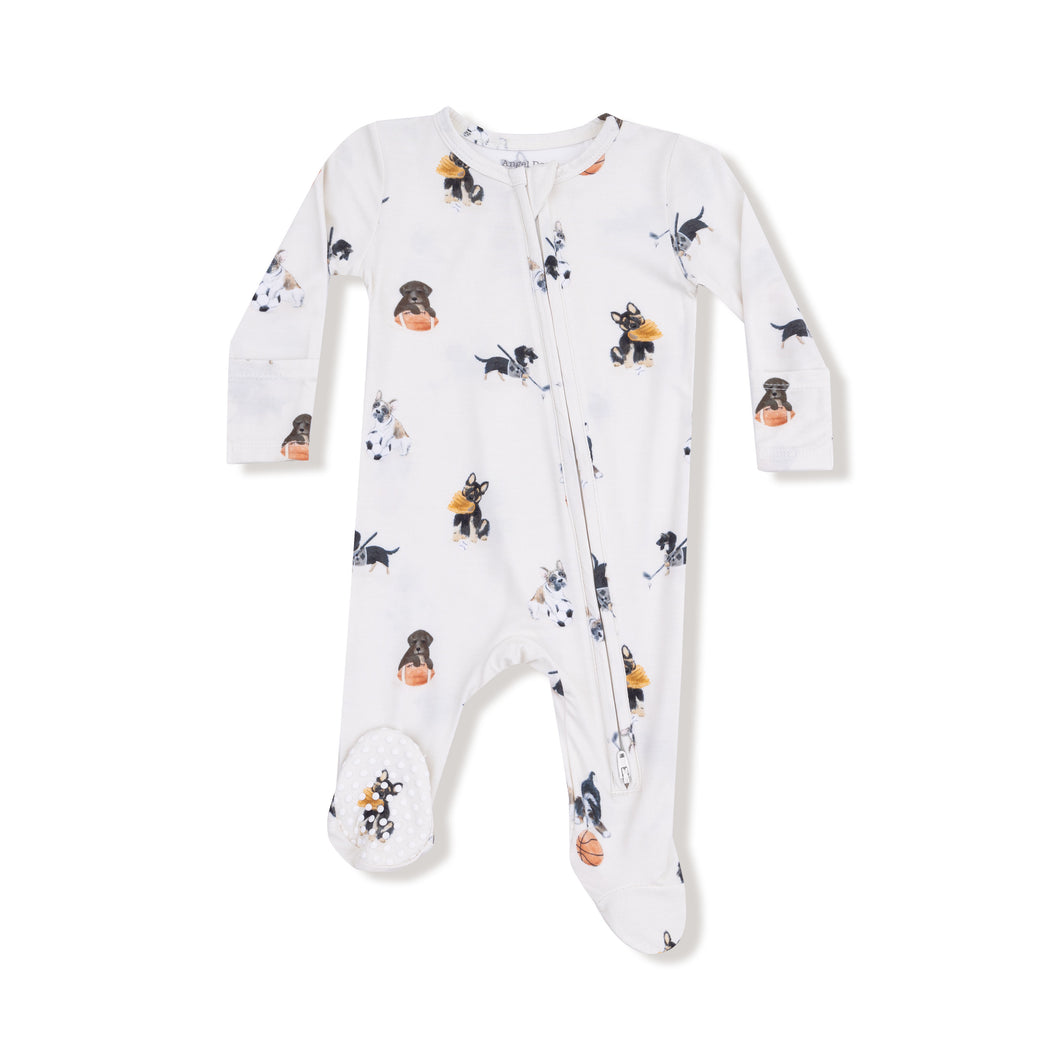 Make bedtime enjoyable and snug with Angel Dear’s Infant Boy's Sporty Puppies 2 Way Zipper Footie. Made from soft, breathable bamboo fabric, this pajama wraps your little one in gentle comfort for restful sleep. Featuring playful puppies engaged in sports, it’s ideal for young dog enthusiasts ready to dream big. The convenient 2-way zipper ensures quick and easy diaper changes, turning every night’s routine into a winning moment.
