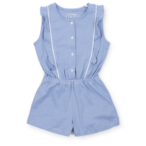 Get ready to dress your little one in style with the Lola Striped Romper from Lila & Hayes! This adorable romper is perfect for everyday wear and features playful ruffles and a classic blue and white striped design. With its casual yet classy look, your toddler or girl will love wearing this romper all season long.