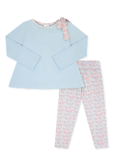 Load image into Gallery viewer, Watch your little one bloom with the Madeline Legging Set by Set Athletics! The vibrant blue top, accented by a charming Petal Play floral bow, pairs effortlessly with matching Petal Play printed leggings—bringing comfort and playful style to every adventure. Ready to brighten her day?
