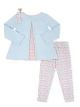 Load image into Gallery viewer, Watch your little one bloom with the Madeline Legging Set by Set Athletics! The vibrant blue top, accented by a charming Petal Play floral bow, pairs effortlessly with matching Petal Play printed leggings—bringing comfort and playful style to every adventure. Ready to brighten her day?
