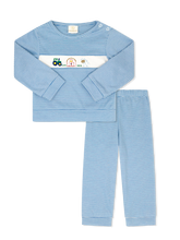 Load image into Gallery viewer, Boys Bayou Plat Set with Farm Embroidery brings timeless comfort and playful style together. The lightweight sweatshirt features crisp mini stripes in blue and white, accented with charming embroidered farm animals across the front. Paired with matching jogger-style pants, this set strikes the perfect balance between cozy and put-together—ideal for everyday wear, playdates, or casual outings.
