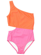 Load image into Gallery viewer, Make a splash in style with our Candy Colorblock One Shoulder Swimsuit! Vibrant orange and pink design, thin removable padding for support and coverage. Perfect for tweens and teens, it&#39;s both practical and trendy for sunny days at the pool or beach. SnapperRock for the win!
