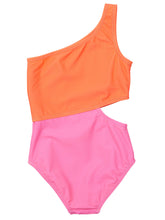 Load image into Gallery viewer, Make a splash in style with our Candy Colorblock One Shoulder Swimsuit! Vibrant orange and pink design, thin removable padding for support and coverage. Perfect for tweens and teens, it&#39;s both practical and trendy for sunny days at the pool or beach. SnapperRock for the win!
