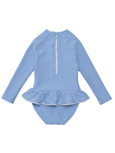 Experience elegance and sun safety with our Parisian Long Sleeve Skirted Swimsuit! Embrace classic blue and white seersucker stripes, charming white pompom trim, and a functional white back zip. This SnapperRock one-piece is perfect for infants who love to make a stylish splash.
