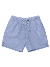 Load image into Gallery viewer, Experience Parisian summer style with these classic swim shorts for toddler boys. The striped design and secure drawcord waist add a touch of sophistication, while the white zippered back pocket keeps essentials safe. Perfect for a summer full of fun and comfort, from SnapperRock.
