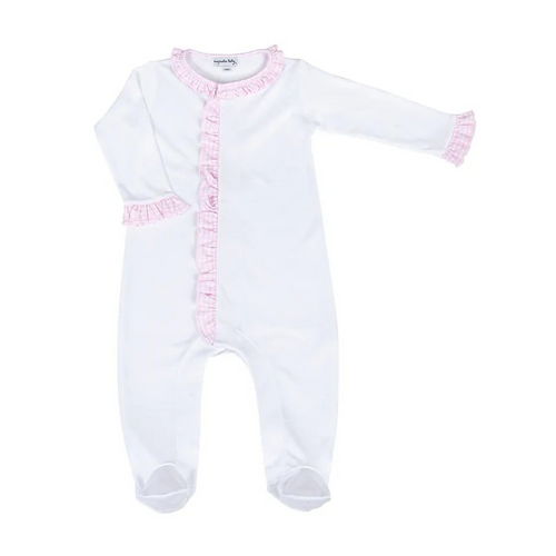 Wrap your little one in gentle comfort with the Magnolia Baby New Beginnings Ruffle Footie in Pink. Crafted from luxurious Pima Cotton, this soft white footie features delicate pink minicheck trim along the neckline, placket, and cuffs. Designed for ultimate coziness and ease, it provides full coverage to keep tiny toes warm and secure.