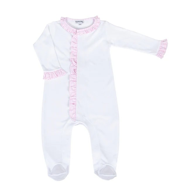 Wrap your little one in gentle comfort with the Magnolia Baby New Beginnings Ruffle Footie in Pink. Crafted from luxurious Pima Cotton, this soft white footie features delicate pink minicheck trim along the neckline, placket, and cuffs. Designed for ultimate coziness and ease, it provides full coverage to keep tiny toes warm and secure.