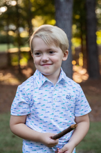 Load image into Gallery viewer, No matter the adventure, your boys will be ready in these fast-drying, UV-protective,&nbsp;boys&#39; short-sleeve pro performance polo shirts in Fish Print on White. Our boys&#39; polos keep moisture out with wicking technology, breathable fabric, and the signature vented back. PRODOH polo shirts are perfect for golf, tennis, country clubbing, or cruising the coast.&nbsp;

UPF 50 95% Polyester 5% Lycra
100% Polyester Mesh Liner
Collar Interfacing for Structure
3 Button Placket/Extra Button Included
Vented Back
Mach
