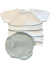 Load image into Gallery viewer, Dress your little one in style with our Boy&#39;s Knit Sweater and Diaper Cover Set! Made from soft materials, this set features a classic blue and white striped design. Perfect for infant boys, this adorable and timeless outfit will keep them cozy and cute.
