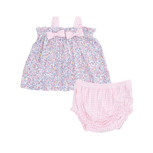 Load image into Gallery viewer, Embrace summer with the enchanting Elizabeth’s Garden Ruffled Bloomer Set by Angel Dear! This charming outfit features a vibrant floral tank top adorned with playful bows on the straps, complemented by adorable pink bloomers. Crafted for comfort and breathability, it’s the perfect choice for little ones to frolic in style and joy!
