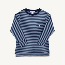 Load image into Gallery viewer, Your little gent will love our adorable + practical Long Sleeve Carter Crewneck. Featuring Barrington Blue and Nantucket Navy Stripe with Worth Avenue White Stork, this will certainly be a staple in his wardrobe!
