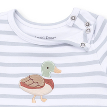 Load image into Gallery viewer, Mama Mallard Long Sleeve Striped Romper- Quack into cuteness with our&nbsp;Long Sleeve Snap Shoulder Romper, crafted from soft organic cotton jersey. Featuring a charming mallard duck applique/embroidery, this easy-snap one-piece is perfect for little pond explorers or cozy nap time.
