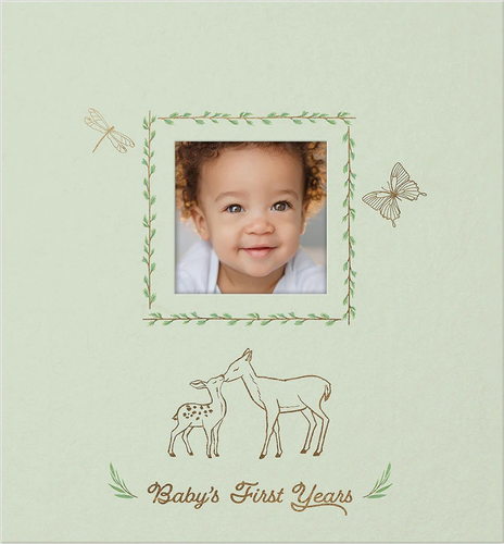 Charming keepsake boxed set for your baby's moments and milestones includes a baby book for photos and journaling, stickers for scrapbooking, 13 monthly photo markers, and storage box for mementos. Personalize the cover with a photo of your baby, and use helpful prompts to write about birthdays, firsts, family, feelings, and more. Monthly entries for the first year, then pages for the years two and three. Sweet woodland animals are perfect for boys and girls and are non gender specific.