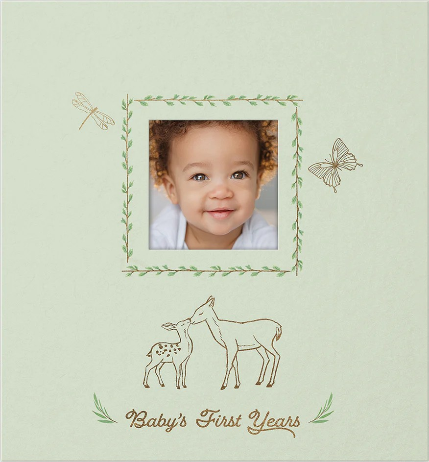 Charming keepsake boxed set for your baby's moments and milestones includes a baby book for photos and journaling, stickers for scrapbooking, 13 monthly photo markers, and storage box for mementos. Personalize the cover with a photo of your baby, and use helpful prompts to write about birthdays, firsts, family, feelings, and more. Monthly entries for the first year, then pages for the years two and three. Sweet woodland animals are perfect for boys and girls and are non gender specific.