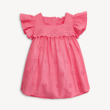 Load image into Gallery viewer, This All-A-Flutter Cotton Poplin Eyelet Dress from Magnetic Me is a must-have for any stylish girl! The magnetic closures make getting dressed a breeze, while the beautiful bubble gum pink color and classic eyelet design add a touch of sophistication. With flutter sleeves for a playful touch, this dress will become her go-to favorite, making mornings a breeze for both her and you!
