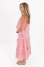 Load image into Gallery viewer, This charming midi skirt set features a pink base adorned with a delicate pink floral print, bringing a fresh, romantic feel to your spring wardrobe. With its flattering length &amp; easy, flowy silhouette, it’s both timeless &amp; versatile—perfect for brunch dates, weekend outings, or sunny strolls.
