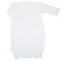 Load image into Gallery viewer, Celebrate your newborn’s arrival with the Infant Knit Placket Gown by Paty. Crafted from a soft 50/50 knit blend in classic white, this gown features delicate light blue or pink picot trim and signature Paty buttons for a charming finish. Available in Newborn and Preemie sizes, it offers a cozy, gentle fit that keeps your baby comfortable while looking adorable. Perfect for those first precious moments.
